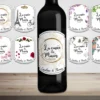 Étiquettes de bouteille de vin pour la décoration de mariage, plusieurs thèmes disponibles.