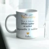 Tasse Super Nounou avec le texte suivant : "Ma super Nounou, dure à trouver, difficile à quitter et surtout impossible à oublier" personnalisé aux prénoms des enfants.