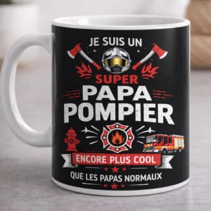 Mug blanc Super Papa Pompier avec design casque de pompier, haches et camion rouge