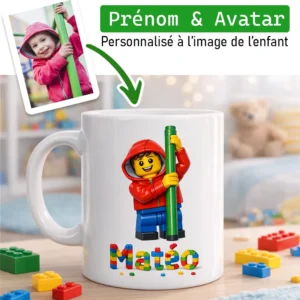 Mug style Lego personnalisé à partir d’une photo avec avatar enfant et prénom en briques colorées