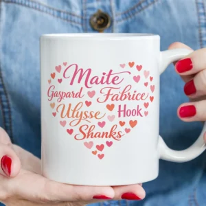 tasse personnalisée famille avec prénoms en forme de coeur