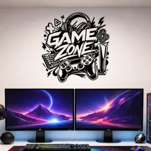 Sticker mural Game Zone gamer pour décoration murale gaming dans une chambre gamer avec manette et casque gaming