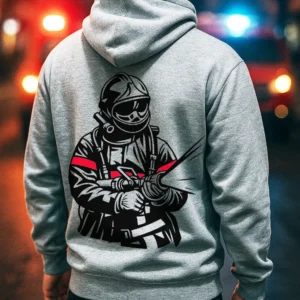 Sweat pompier gris avec grand motif pompier graphique imprimé dans le dos