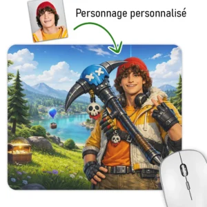 Tapis de souris personnalisé style Fortnite avec photo d’un personnage gamer dans un décor inspiré du jeu vidéo