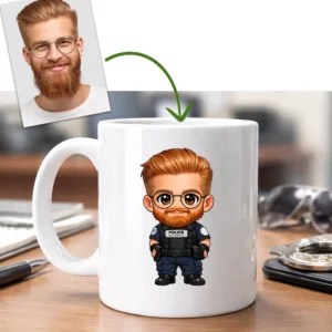Mug police nationale personnalisé avec photo transformée en avatar et prénom