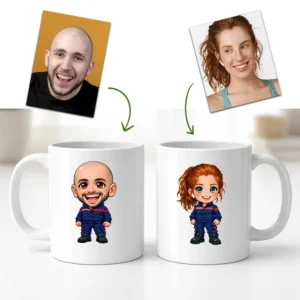 Mug pompier personnalisé à partir d’une photo avec avatar illustré homme et femme