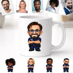 Tasse police municipale personnalisée avec photo représentant un avatar illustré en uniforme