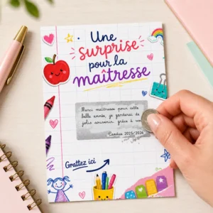 Carte merci maîtresse personnalisée avec message à gratter format 7 x 10 cm