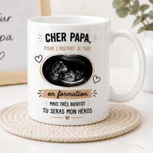 Mug futur papa avec échographie personnalisée et message “Pour l’instant je suis en formation”