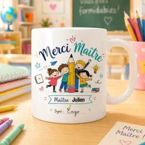 Mug merci maître personnalisé avec le nom du maître et le prénom de l’élève