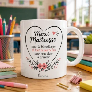 Mug Merci Maîtresse personnalisé avec prénom de l’enfant et message de remerciement