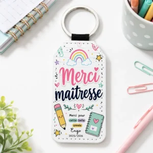 Porte clés Merci maîtresse personnalisé avec prénom élève et année scolaire