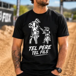 T-shirt motocross père fils noir avec design Tel père tel fils pour papa fan de moto cross