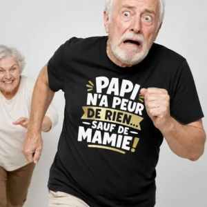T-shirt noir pour papi avec inscription blanche “Papi n’a peur de rien sauf de Mamie”, design humoristique pour grand-père.