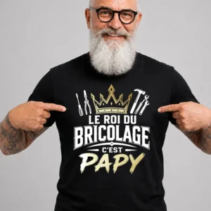 T-shirt papy bricoleur noir avec inscription Le Roi du Bricolage c’est Papy