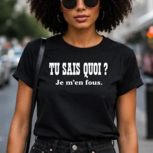 T-shirt noir “Tu sais quoi ? Je m’en fous” avec phrase humoristique et sarcastique pour homme et femme