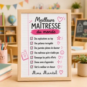 Cadre Meilleure Maîtresse du Monde personnalisé avec prénom de la maîtresse