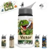 Gourde dinosaure personnalisée avec le prénom Victor et décor de T-Rex devant un volcan