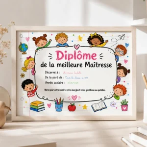 Diplôme de la meilleure maîtresse personnalisé dans un cadre en bois A4 posé sur un bureau