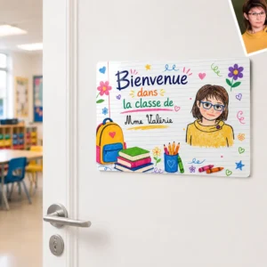 Plaque de porte maîtresse personnalisée avec prénom et portrait illustré