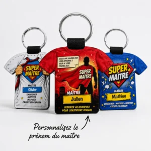 Porte-clés Super Maître personnalisé avec prénom en version rouge, blanche et bleue