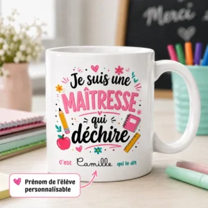 Tasse maîtresse qui déchire personnalisable avec prénom de l’élève