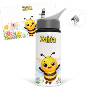 Gourde abeille personnalisée avec prénom, fleurs colorées, papillons et arc-en-ciel