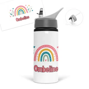 Gourde arc-en-ciel personnalisée avec prénom et un motif arc-en-ciel aux couleurs douces