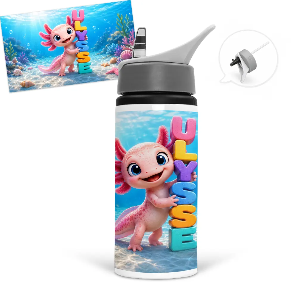 Gourde axolotl personnalisée avec prénom de l'enfant, un petit axolotl rose et un décor aquatique coloré