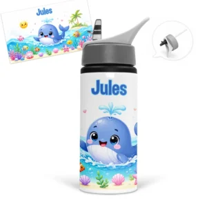 Gourde baleine personnalisée avec prénom dans un décor marin coloré avec poissons, coquillages et coraux