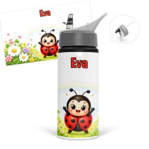 Gourde coccinelle personnalisée avec prénom dans un décor fleuri avec trèfles, cœurs et arc-en-ciel