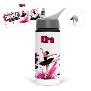 Gourde danseuse personnalisée avec prénom, illustrée avec une ballerine dans un décor artistique rose et noir sur le thème de la danse