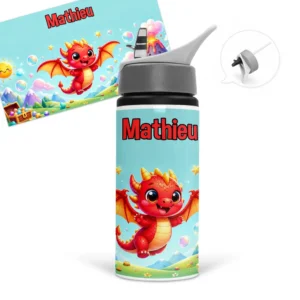 Gourde dragon personnalisée avec prénom au choix, un petit dragon rouge et un décor fantastique avec volcan et trésor