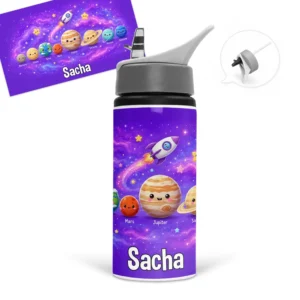 Gourde espace personnalisée avec le prénom de l'enfant, des planètes et une fusée dans un décor galactique