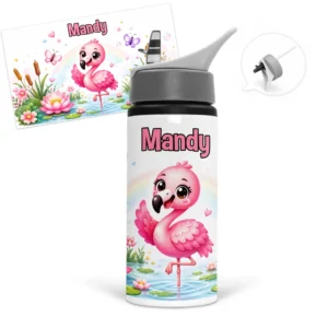 Gourde flamant rose personnalisée avec prénom dans un décor floral aquatique avec nénuphars et papillons