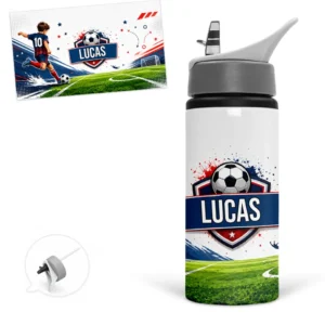 Gourde football personnalisée avec le prénom Lucas, un ballon et un terrain de foot