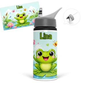 Gourde grenouille personnalisée avec prénom dans un décor d’étang avec nénuphars, fleurs de lotus, libellules et papillons