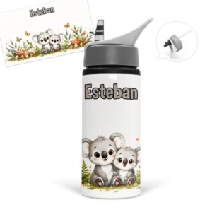 Gourde Koala personnalisée avec prénom, deux petits koalas et un décor nature avec champignons et papillons