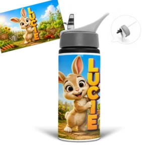 Gourde lapin personnalisée avec prénom, un petit lapin et un décor de jardin potager avec carottes et légumes