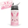 Gourde lapin rose personnalisée avec prénom dans un décor rose fleuri avec cœurs et nuages