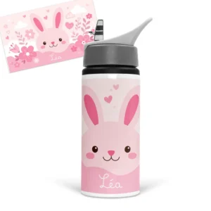 Gourde lapin rose personnalisée avec prénom dans un décor rose fleuri avec cœurs et nuages