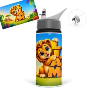 Gourde lion personnalisée prénom, un lionceau et un décor coloré inspiré de la savane