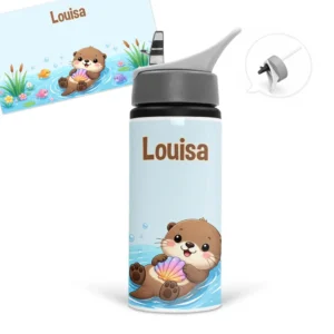 Gourde loutre personnalisée avec prénom, une loutre dans l’eau entourée de poissons et de roseaux