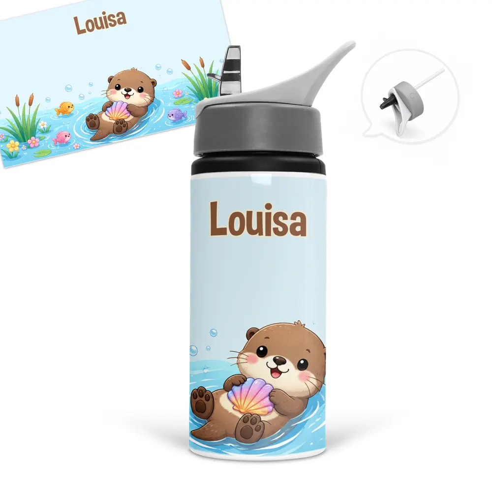 Gourde loutre personnalisée avec prénom, une loutre dans l’eau entourée de poissons et de roseaux