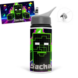Gourde Minecraft style personnalisée avec prénom, illustrée avec un personnage pixelisé dans un univers gaming néon