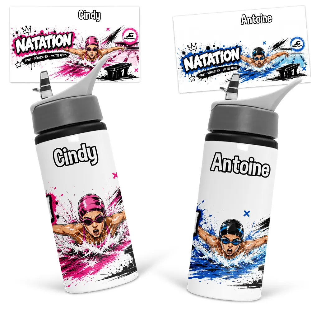 Gourde natation personnalisée avec prénom, illustrée avec un nageur et une nageuse dans un décor sportif inspiré de la piscine