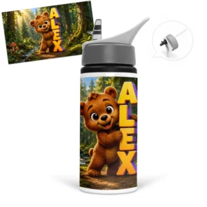 Gourde nounours personnalisée avec nom de l'enfant, un petit nounours et un décor de forêt avec ruisseau et champignons