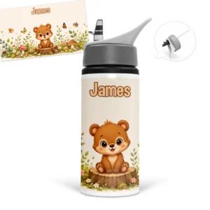 Gourde ours personnalisée avec prénom de l'écolier, un petit ourson et un décor fleuri inspiré de la forêt
