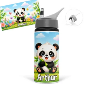 Gourde Panda personnalisée avec prénom, un petit panda, du bambou, des fleurs et des papillons