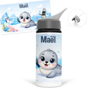 Gourde phoque personnalisée avec prénom personnalisé dans un décor polaire avec glace, coquillages et petits pingouins